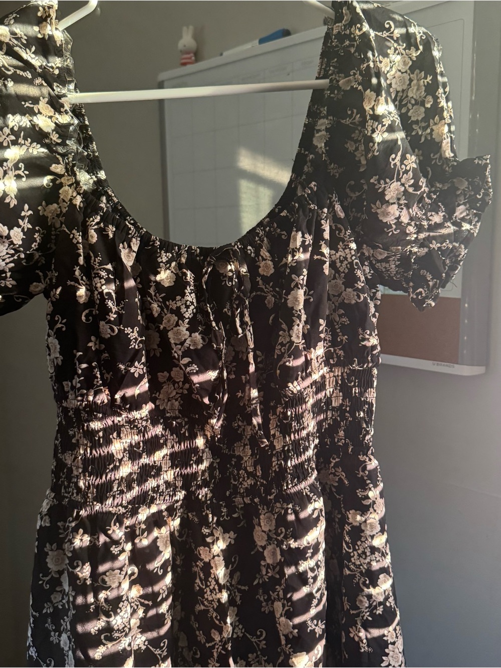 Smocked Midi Dress with Puff Sleeves in Black and Cream Floral